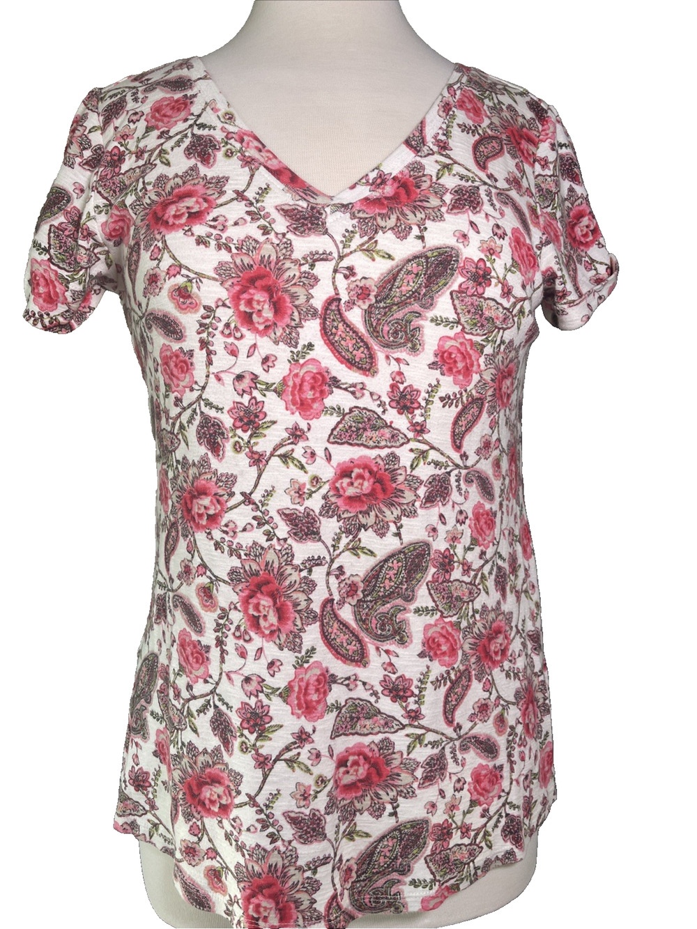 J Jill Pima V-neck Short Sleeve Cotton White Floral T-shirt SP Roses Pink White